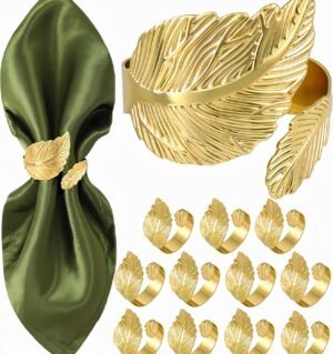 Gold Napkin Rings Set of 12, Solid Metal Laurel Leaf Table Decor