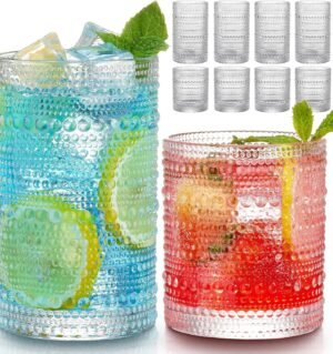 Vintage  Drinking Glasses Set of 8, 12 oz Highball Glasses & 10 oz Cocktail Glasses Set, Kitchen Water Glasses Cup, Bar Tumbler Glassware Set for Beer, Juice, Cocktail, Whiskey, Milk
